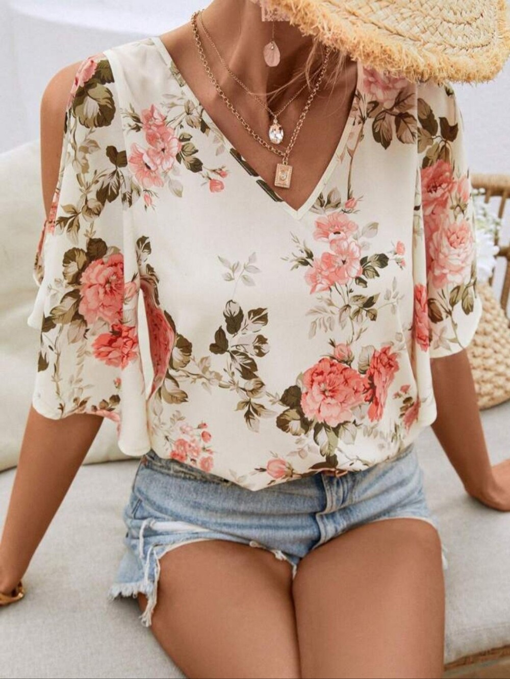 Boho Floral Cold Shoulder Flutter Sleeve Blouse Top Women's Lg Romantic Feminine
